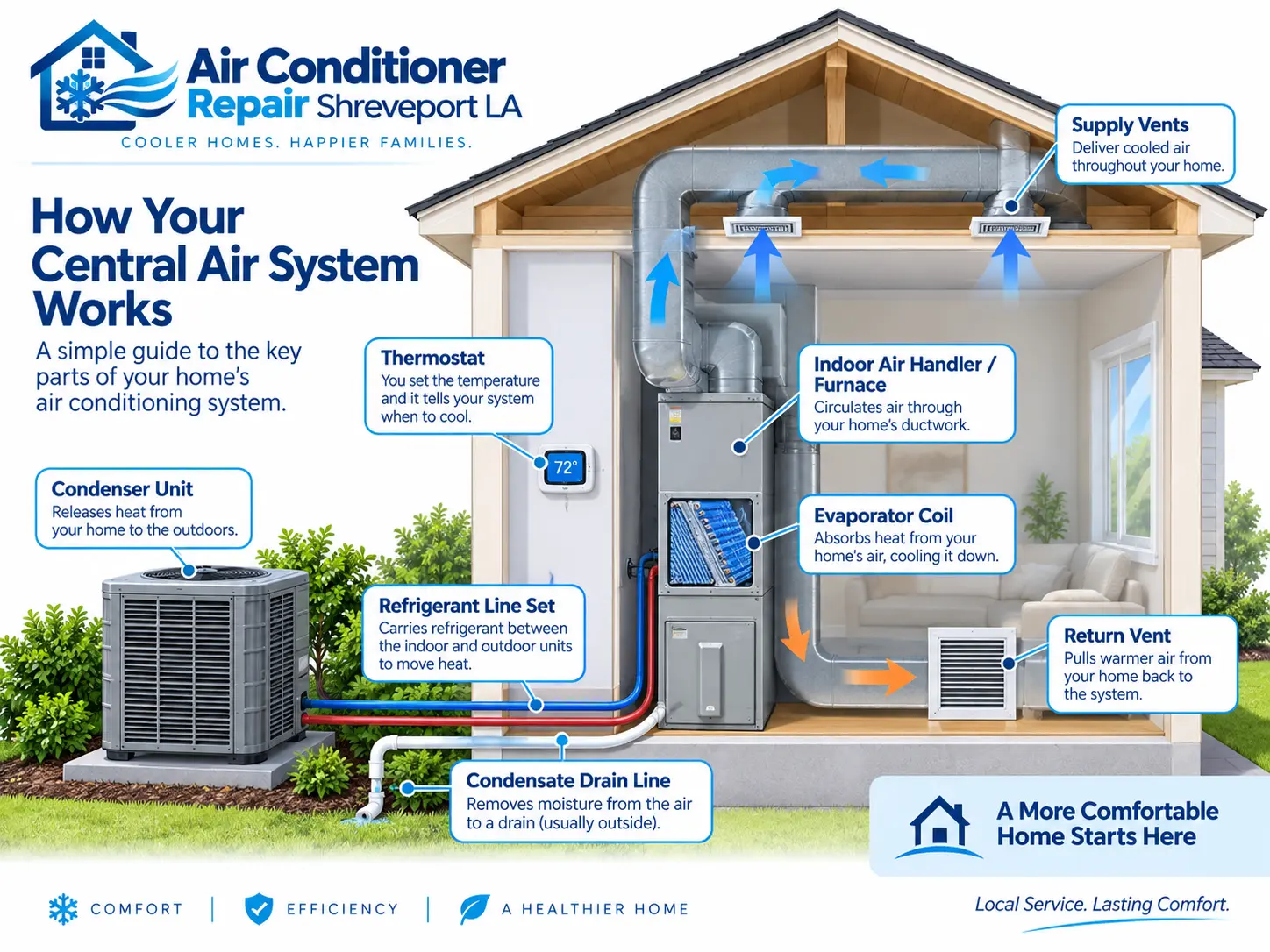 Diagram of a residential central air system showing thermostat, air handler, evaporator coil, refrigerant lines, condensate drain, supply vents, return vent and outdoor condenser