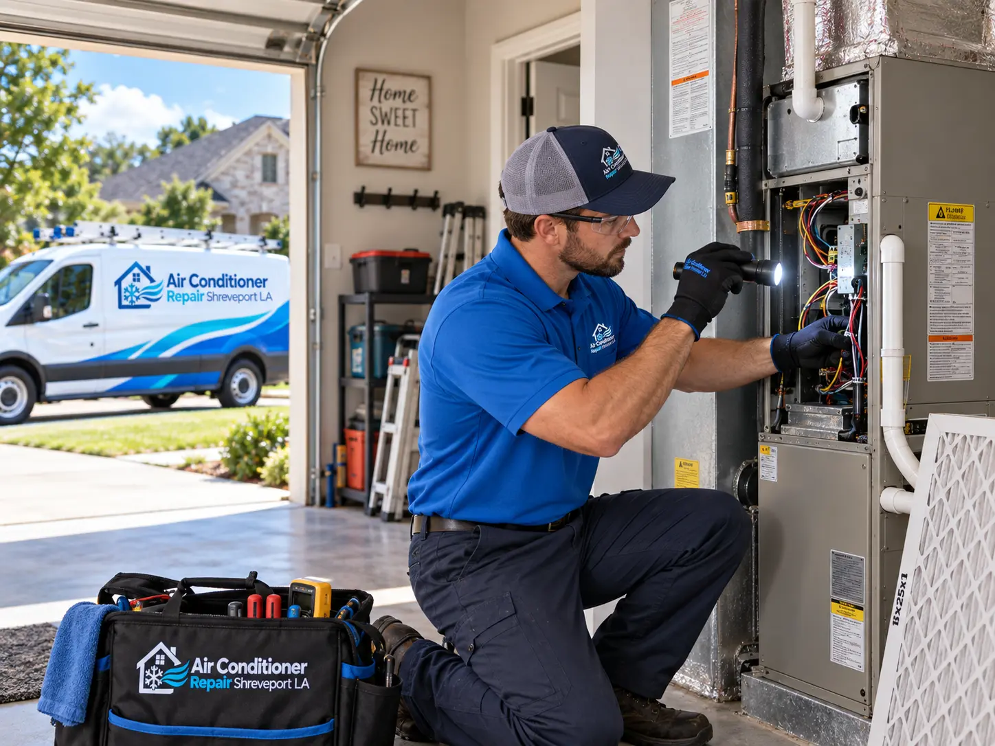Technician inspecting the wiring of a residential indoor air handler in a garage