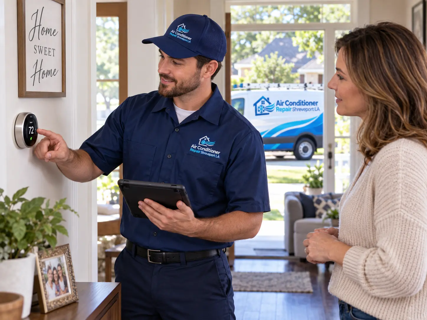Technician reviewing thermostat settings with a homeowner inside her home