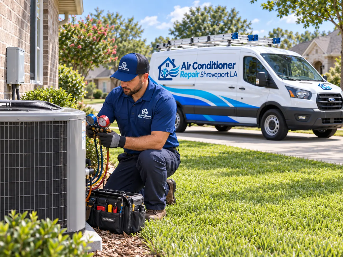 Technician checking refrigerant pressures on an outdoor residential condenser unit beside a brick home